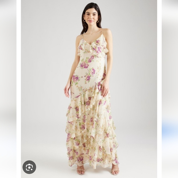NEW LAUREN Ralph LAUREN Floral Ivory Ruffle Gown 18 Maxi Dress Ruffle Formal - Picture 1 of 16
